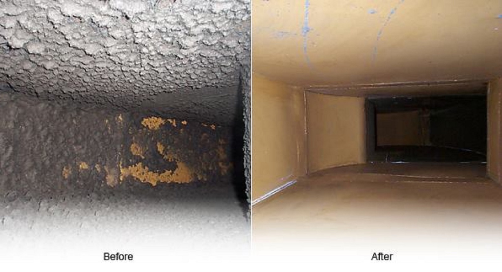 Air duct before and after a Climate Mechanics Rotobrush cleaning — soot-caked vs. clean