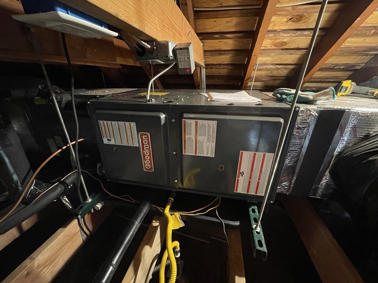 Horizontal Goodman furnace and air handler installed in an attic